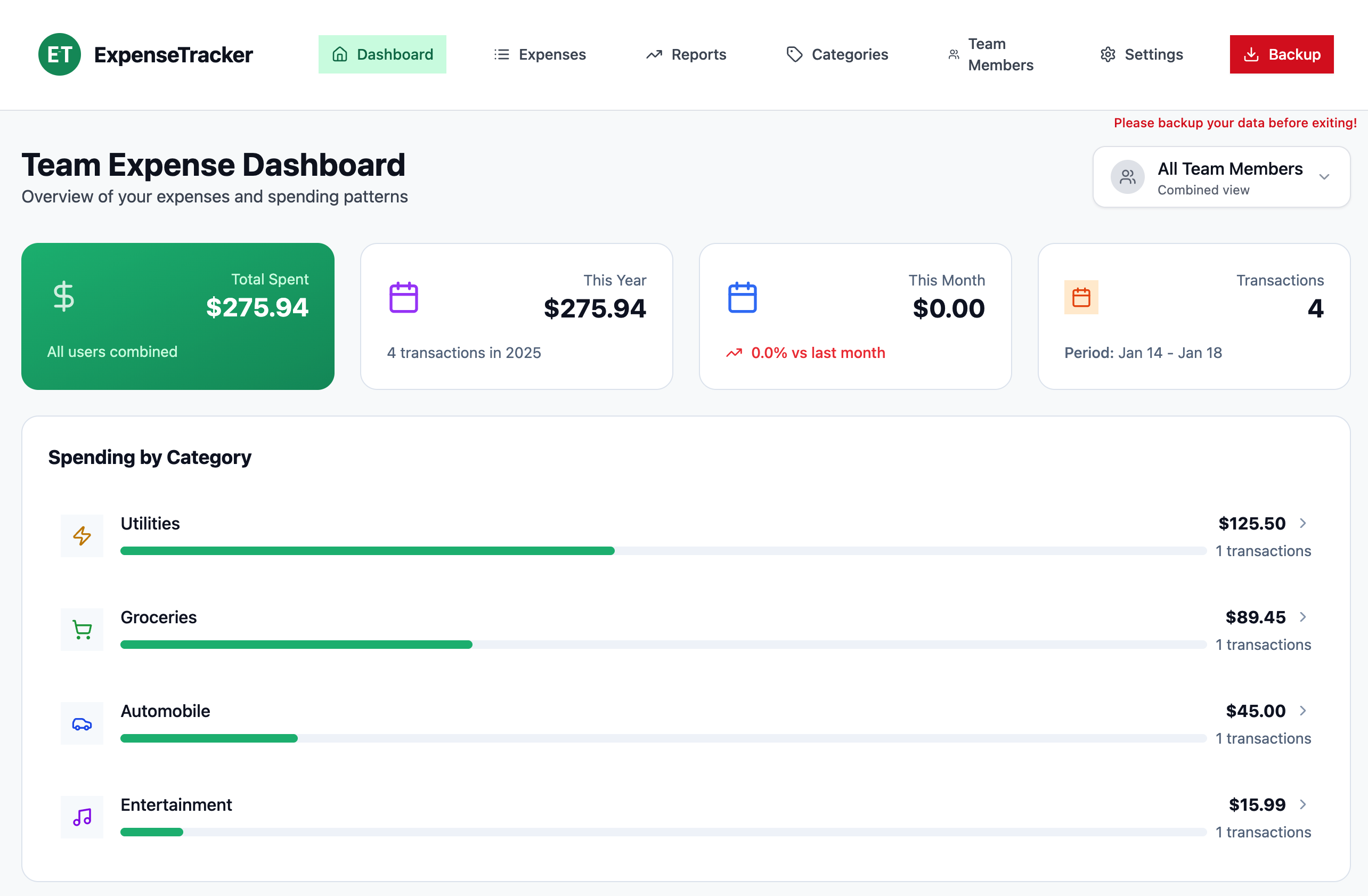 ExpenseTracker Dashboard Screenshot